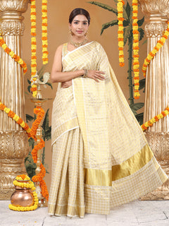Golden Tissue Set Saree with Multi-Stripe Checks and Kasavu Border