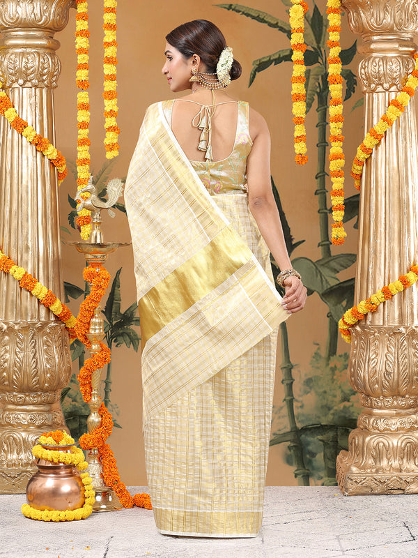 Golden Tissue Set Saree with Multi-Stripe Checks and Kasavu Border