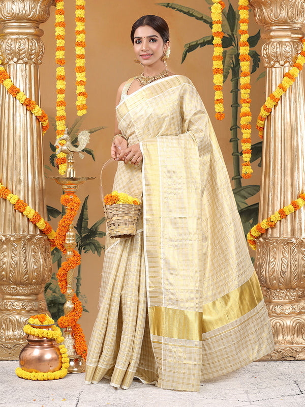 Golden Tissue Set Saree with Multi-Stripe Checks and Kasavu Border
