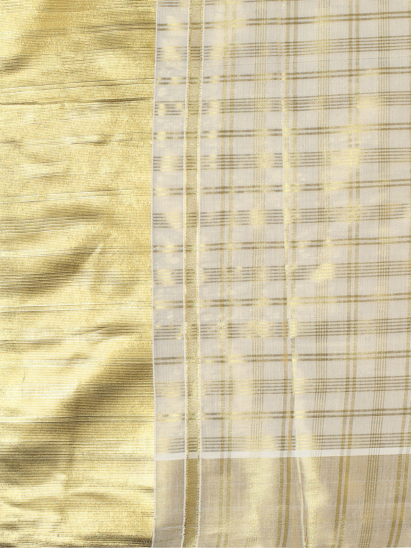 Golden Tissue Set Saree with Multi-Stripe Checks and Kasavu Border