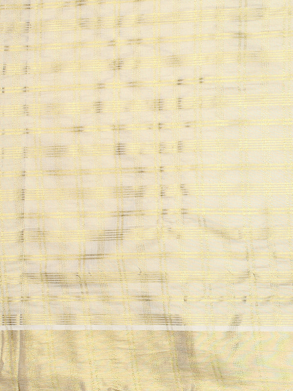 Golden Tissue Set Saree with Multi-Stripe Checks and Kasavu Border