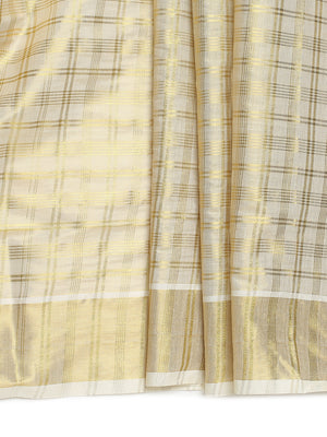 Golden Tissue Set Saree with Multi-Stripe Checks and Kasavu Border
