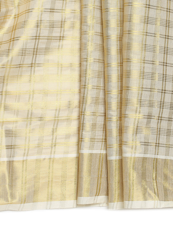 Golden Tissue Set Saree with Multi-Stripe Checks and Kasavu Border