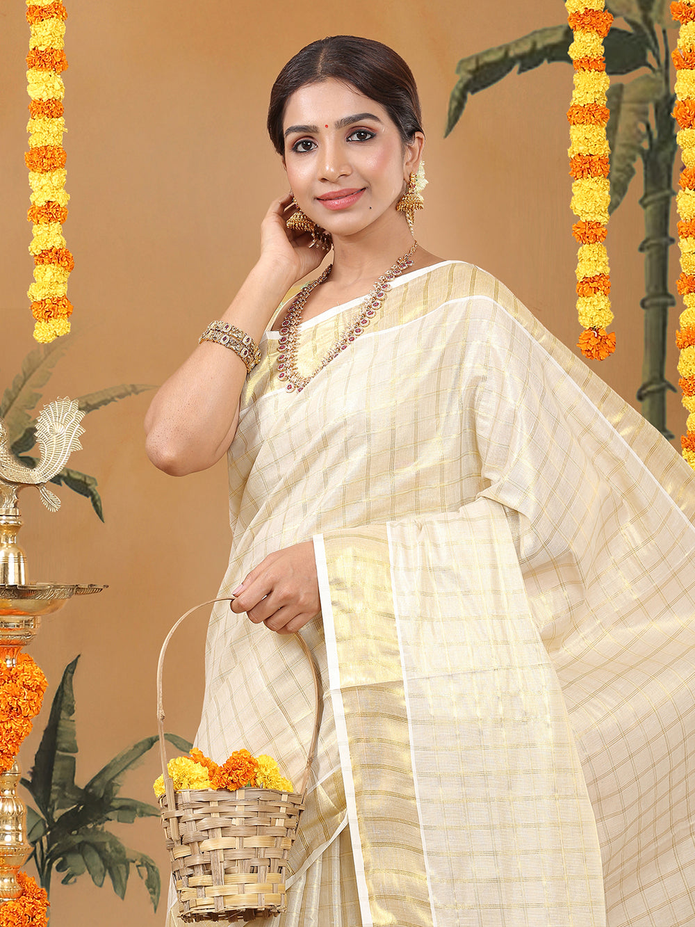 Golden Tissue Set Saree with Medium Off White Shaded Checks and Striped Pallu Detail