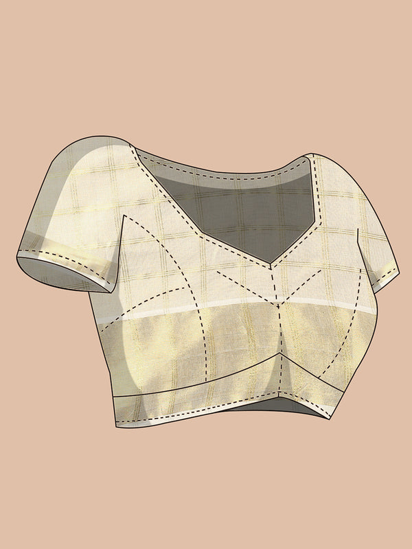 Golden Tissue Set Saree with Medium Off White Shaded Checks and Striped Pallu Detail