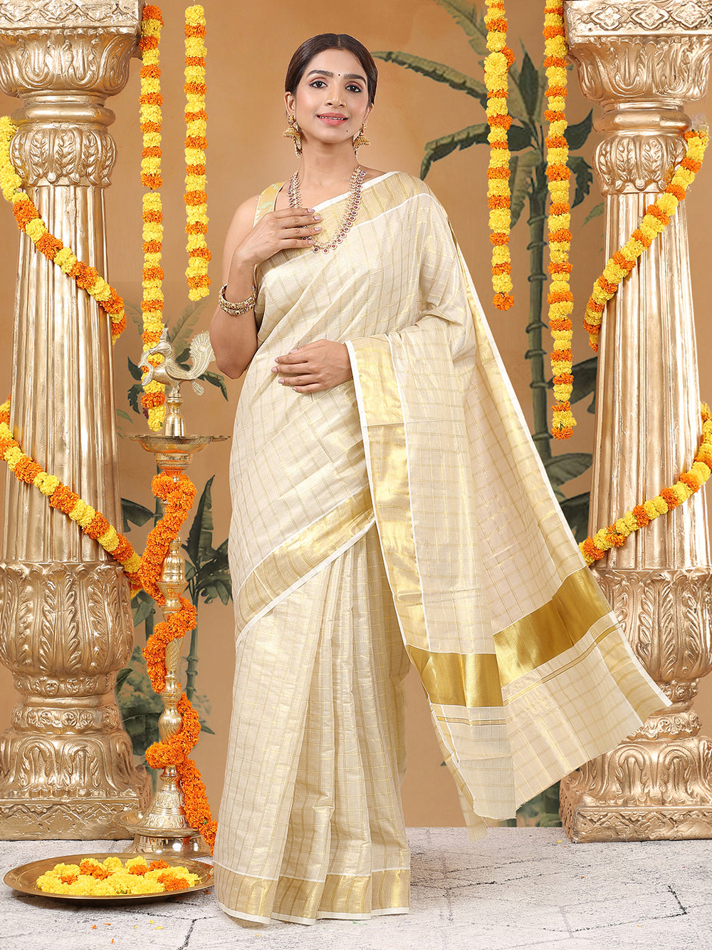 Golden Tissue Set Saree with Medium Off White Shaded Checks and Striped Pallu Detail