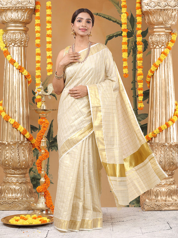 Golden Tissue Set Saree with Medium Off White Shaded Checks and Striped Pallu Detail