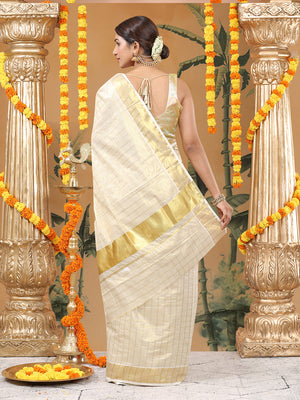 Golden Tissue Set Saree with Medium Off White Shaded Checks and Striped Pallu Detail