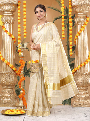 Golden Tissue Set Saree with Medium Off White Shaded Checks and Striped Pallu Detail
