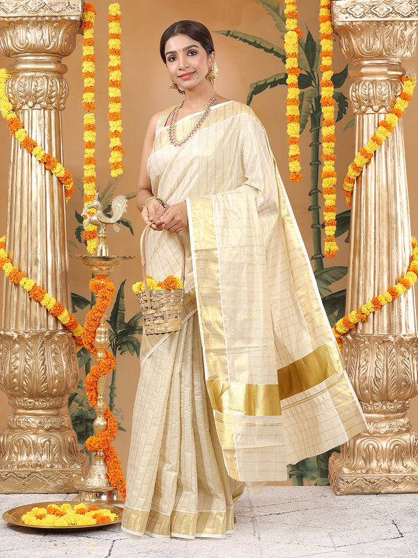 Golden Tissue Set Saree with Medium Off White Shaded Checks and Striped Pallu Detail