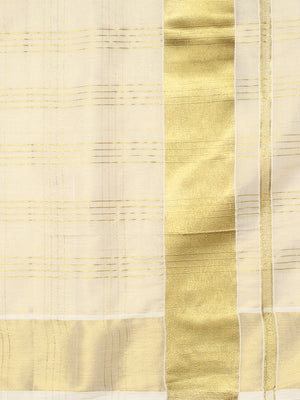 Golden Tissue Set Saree with Medium Off White Shaded Checks and Striped Pallu Detail