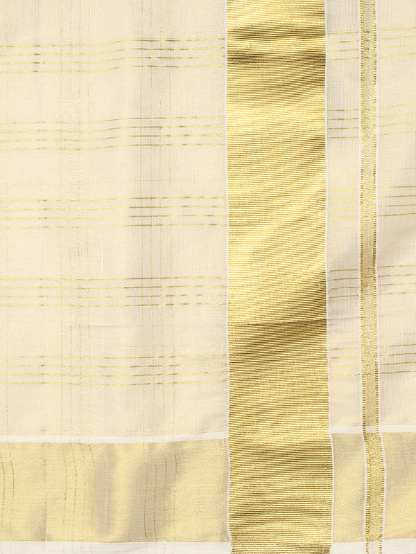 Golden Tissue Set Saree with Medium Off White Shaded Checks and Striped Pallu Detail