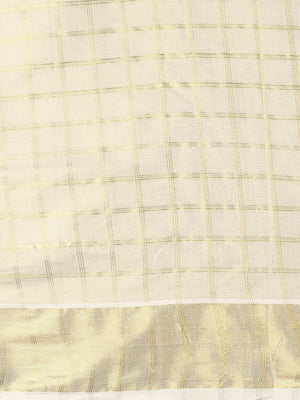 Golden Tissue Set Saree with Medium Off White Shaded Checks and Striped Pallu Detail