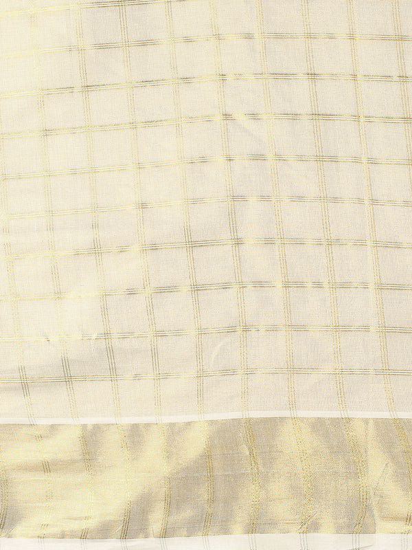 Golden Tissue Set Saree with Medium Off White Shaded Checks and Striped Pallu Detail
