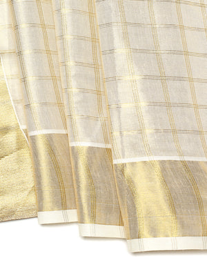 Golden Tissue Set Saree with Medium Off White Shaded Checks and Striped Pallu Detail