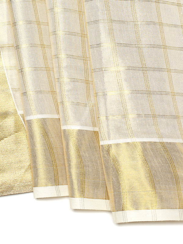 Golden Tissue Set Saree with Medium Off White Shaded Checks and Striped Pallu Detail