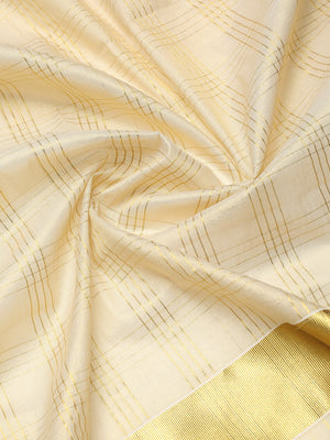 Golden Tissue Set Saree with Medium Off White Shaded Checks and Striped Pallu Detail