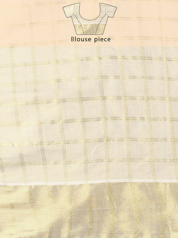 Golden Tissue Set Saree with Medium Off White Shaded Checks and Striped Pallu Detail