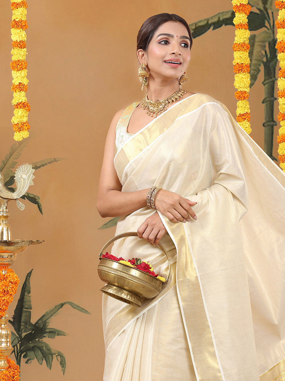 Golden Tissue Plain Set Saree with Classic Golden Stripes on a Kasavu-Bordered Pallu.