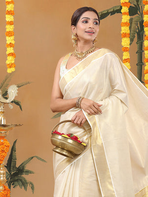 Golden Tissue Plain Set Saree with Classic Golden Stripes on a Kasavu-Bordered Pallu.