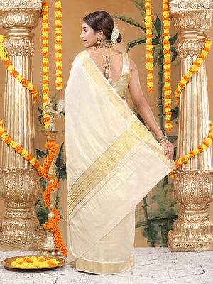 Golden Tissue Plain Set Saree with Classic Golden Stripes on a Kasavu-Bordered Pallu.