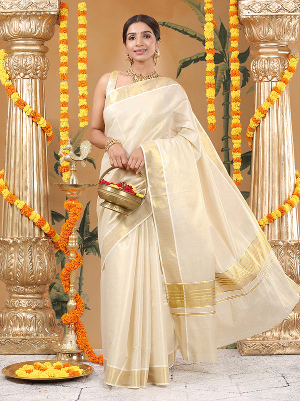 Golden Tissue Plain Set Saree with Classic Golden Stripes on a Kasavu-Bordered Pallu.