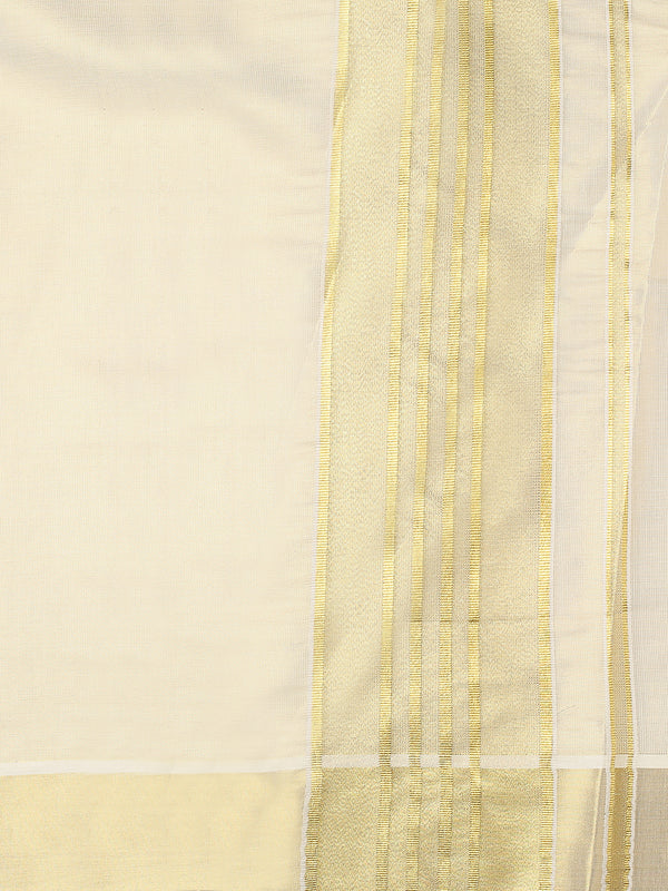 Golden Tissue Plain Set Saree with Classic Golden Stripes on a Kasavu-Bordered Pallu.