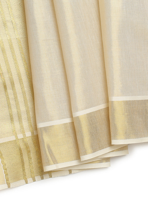 Golden Tissue Plain Set Saree with Classic Golden Stripes on a Kasavu-Bordered Pallu.