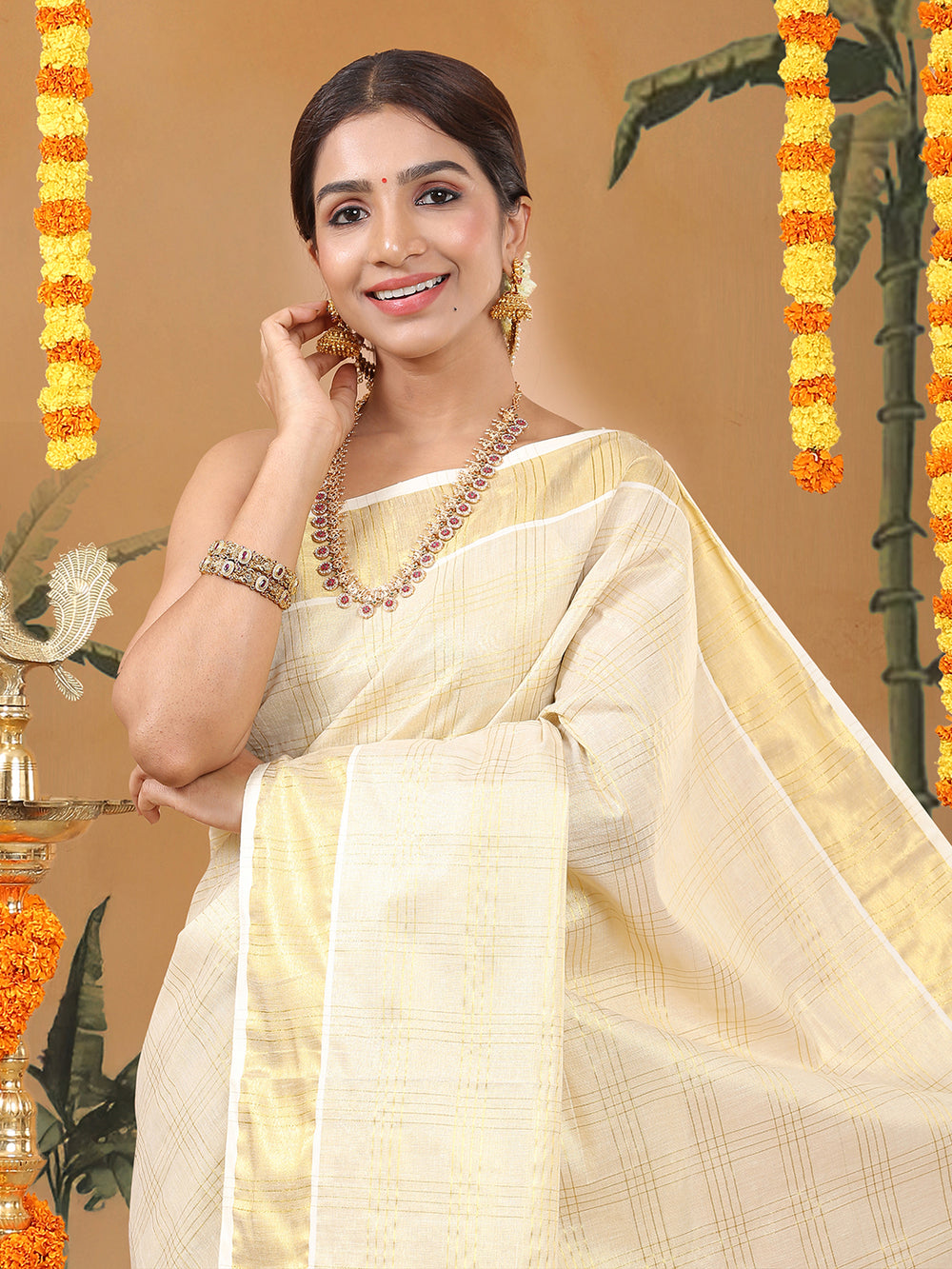 Golden Tissue Set Saree with Four Lined Checks and Broad Kasavu Border On pallu