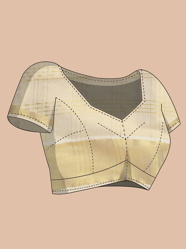 Golden Tissue Set Saree with Four Lined Checks and Broad Kasavu Border On pallu