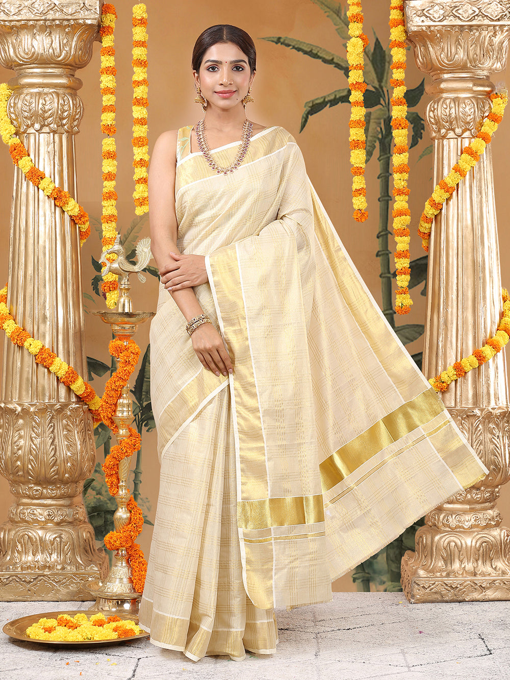 Golden Tissue Set Saree with Four Lined Checks and Broad Kasavu Border On pallu