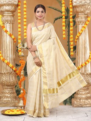 Golden Tissue Set Saree with Four Lined Checks and Broad Kasavu Border On pallu