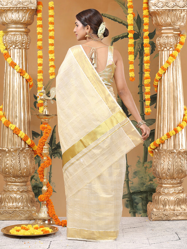 Golden Tissue Set Saree with Four Lined Checks and Broad Kasavu Border On pallu
