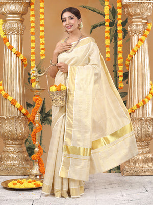 Golden Tissue Set Saree with Four Lined Checks and Broad Kasavu Border On pallu