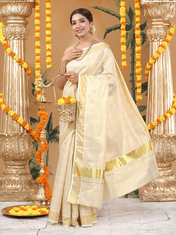 Golden Tissue Set Saree with Four Lined Checks and Broad Kasavu Border On pallu