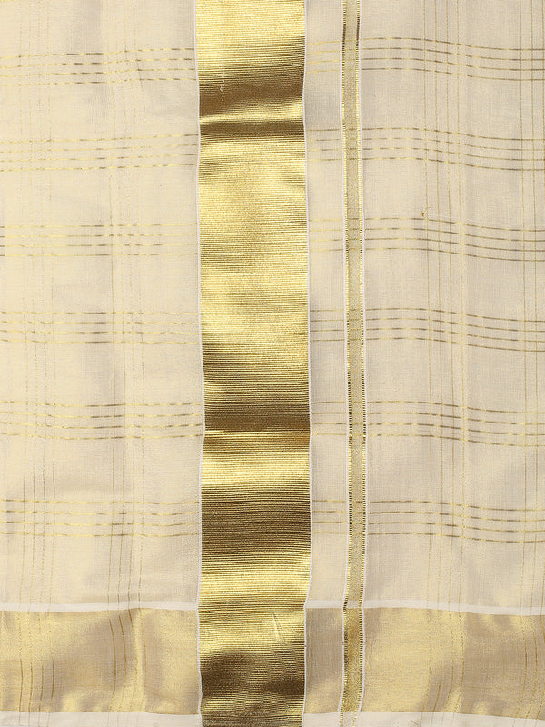 Golden Tissue Set Saree with Four Lined Checks and Broad Kasavu Border On pallu