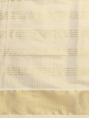 Golden Tissue Set Saree with Four Lined Checks and Broad Kasavu Border On pallu