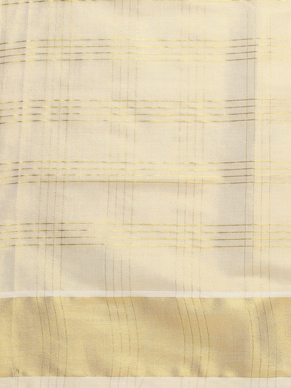 Golden Tissue Set Saree with Four Lined Checks and Broad Kasavu Border On pallu
