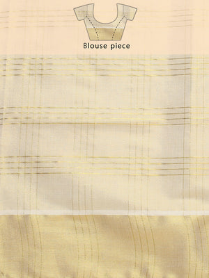 Golden Tissue Set Saree with Four Lined Checks and Broad Kasavu Border On pallu