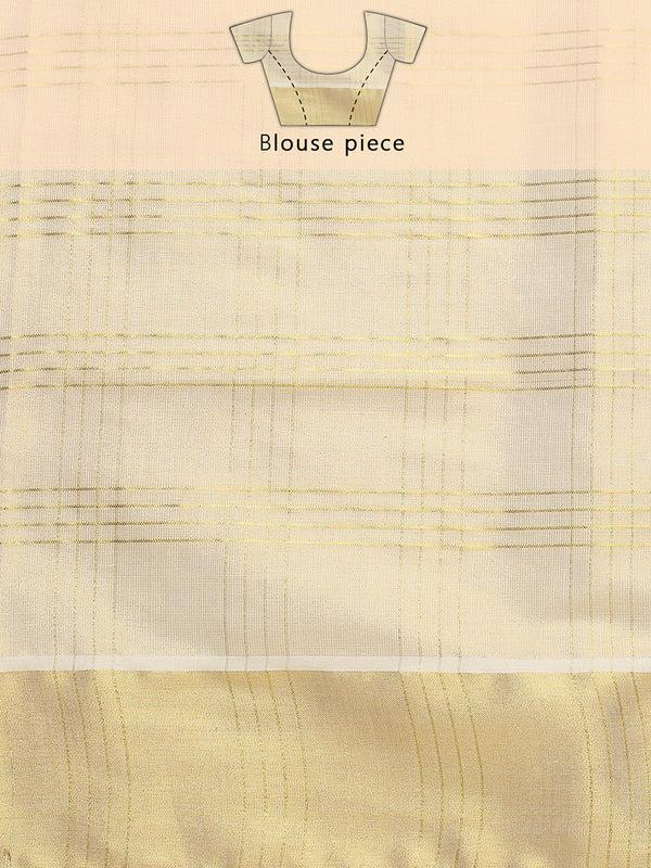 Golden Tissue Set Saree with Four Lined Checks and Broad Kasavu Border On pallu
