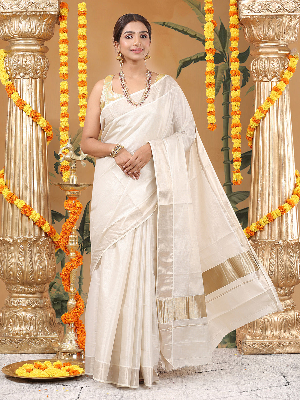 Antique Golden Plain Tissue Saree with Matching Antique Kasavu Border