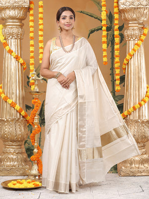 Antique Golden Plain Tissue Saree with Matching Antique Kasavu Border