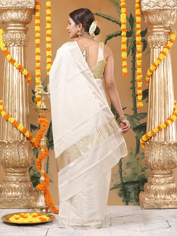 Antique Golden Plain Tissue Saree with Matching Antique Kasavu Border