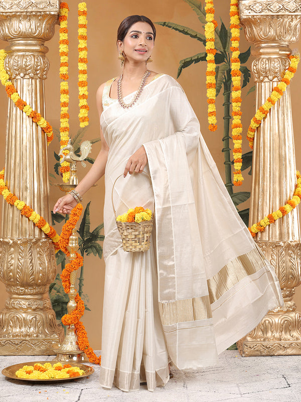 Antique Golden Plain Tissue Saree with Matching Antique Kasavu Border