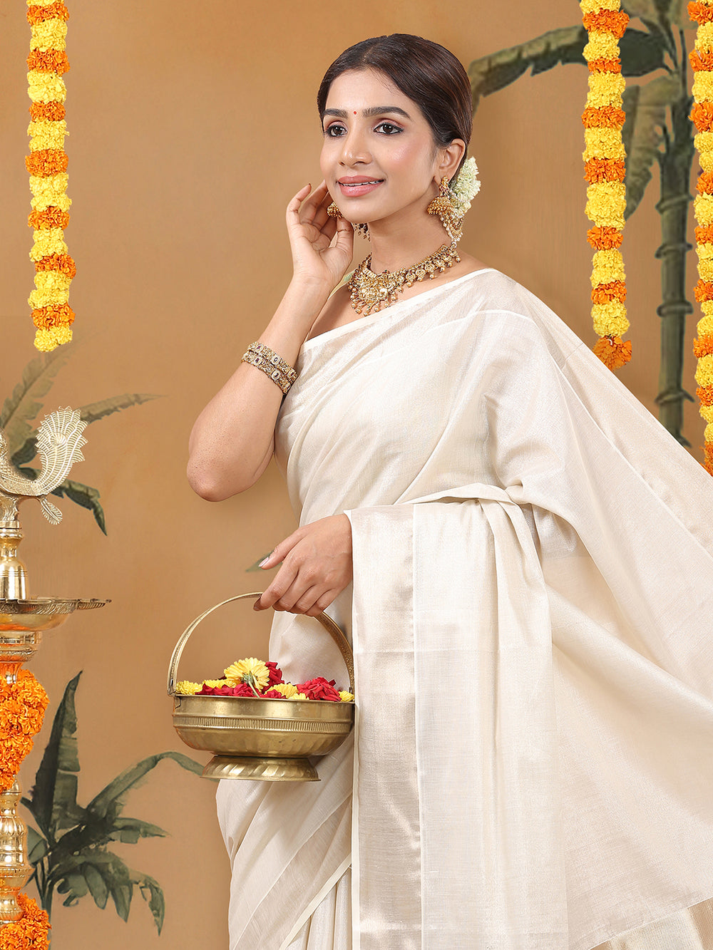 Antique Golden Tissue Set Saree with Long Kasavu Pallu