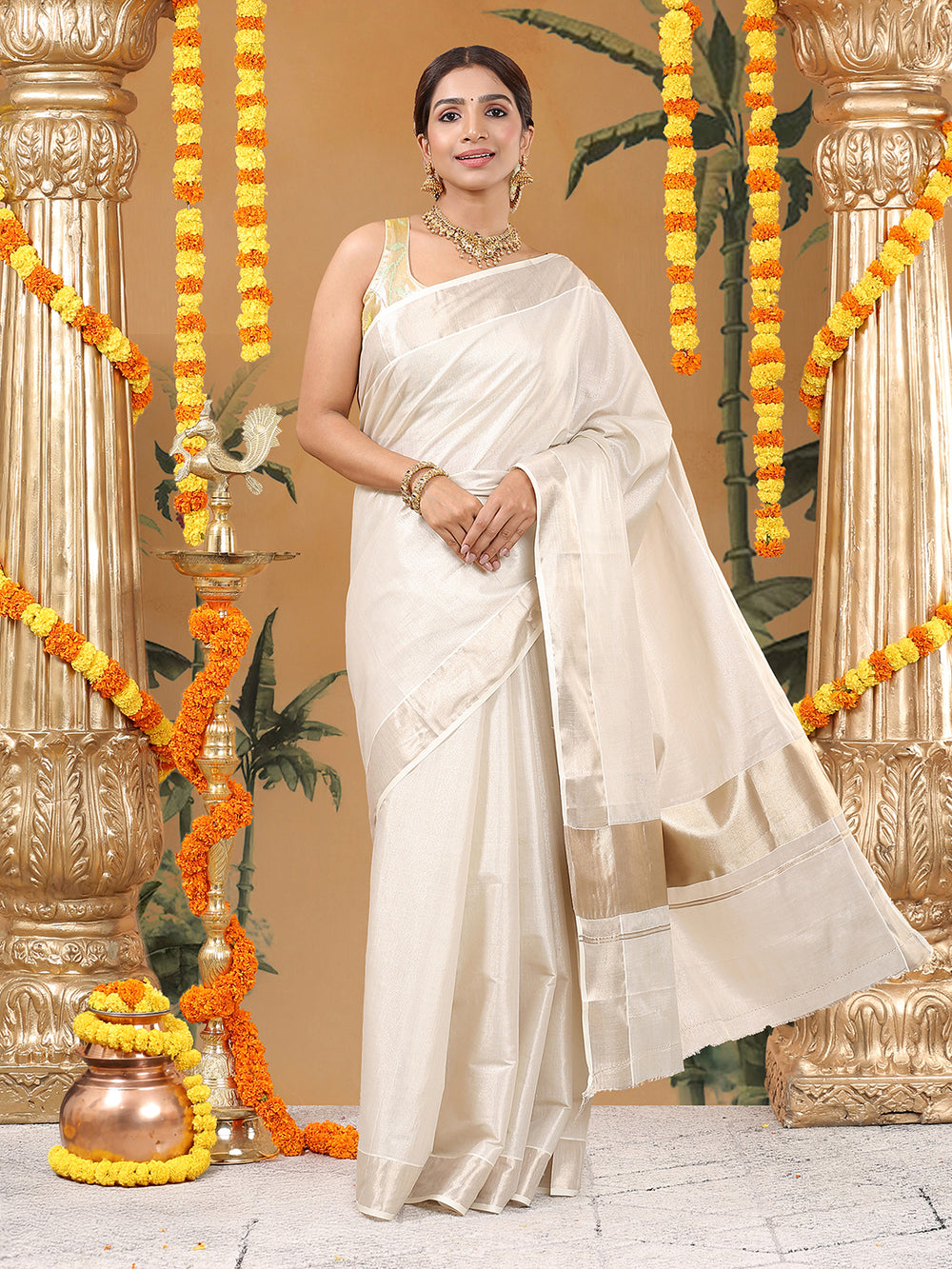 Antique Golden Tissue Set Saree with Long Kasavu Pallu
