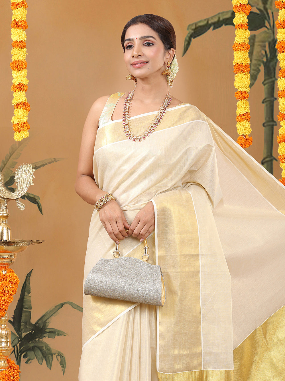 Golden Tissue Saree with Dual Kasavu Borders & Long Golden Pallu Border