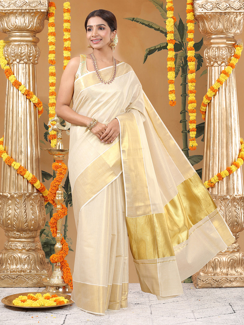 Golden Tissue Saree with Dual Kasavu Borders & Long Golden Pallu Border