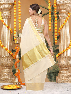 Golden Tissue Saree with Dual Kasavu Borders & Long Golden Pallu Border