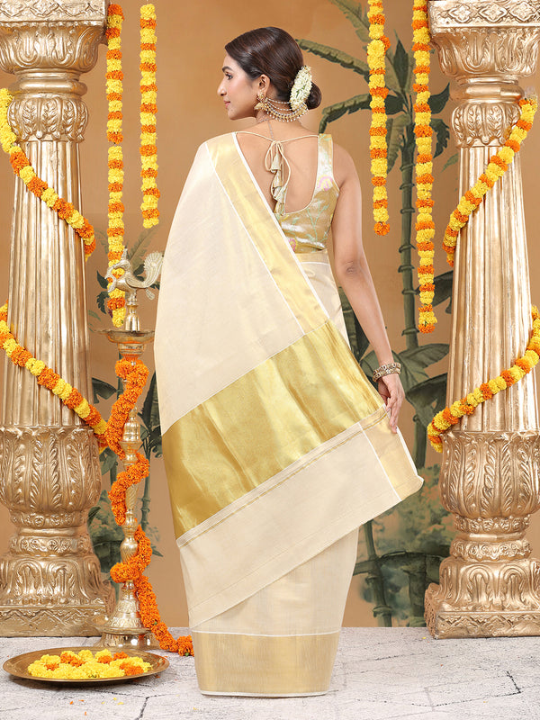 Golden Tissue Saree with Dual Kasavu Borders & Long Golden Pallu Border